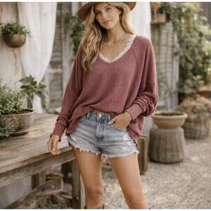 Free People Thermal Womens Medium Mulberry Santa Clara Shirt Top V Neck NEW